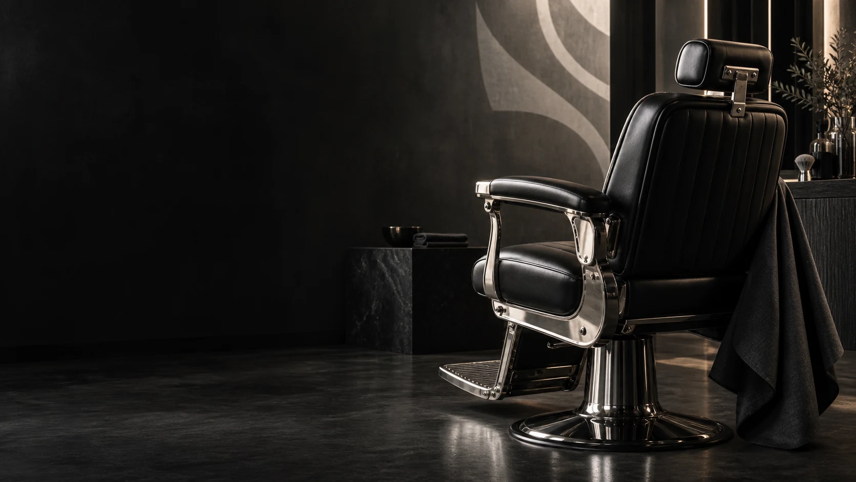 An empty barber chair in a dark, minimal atelier, with the cape hanging beside it