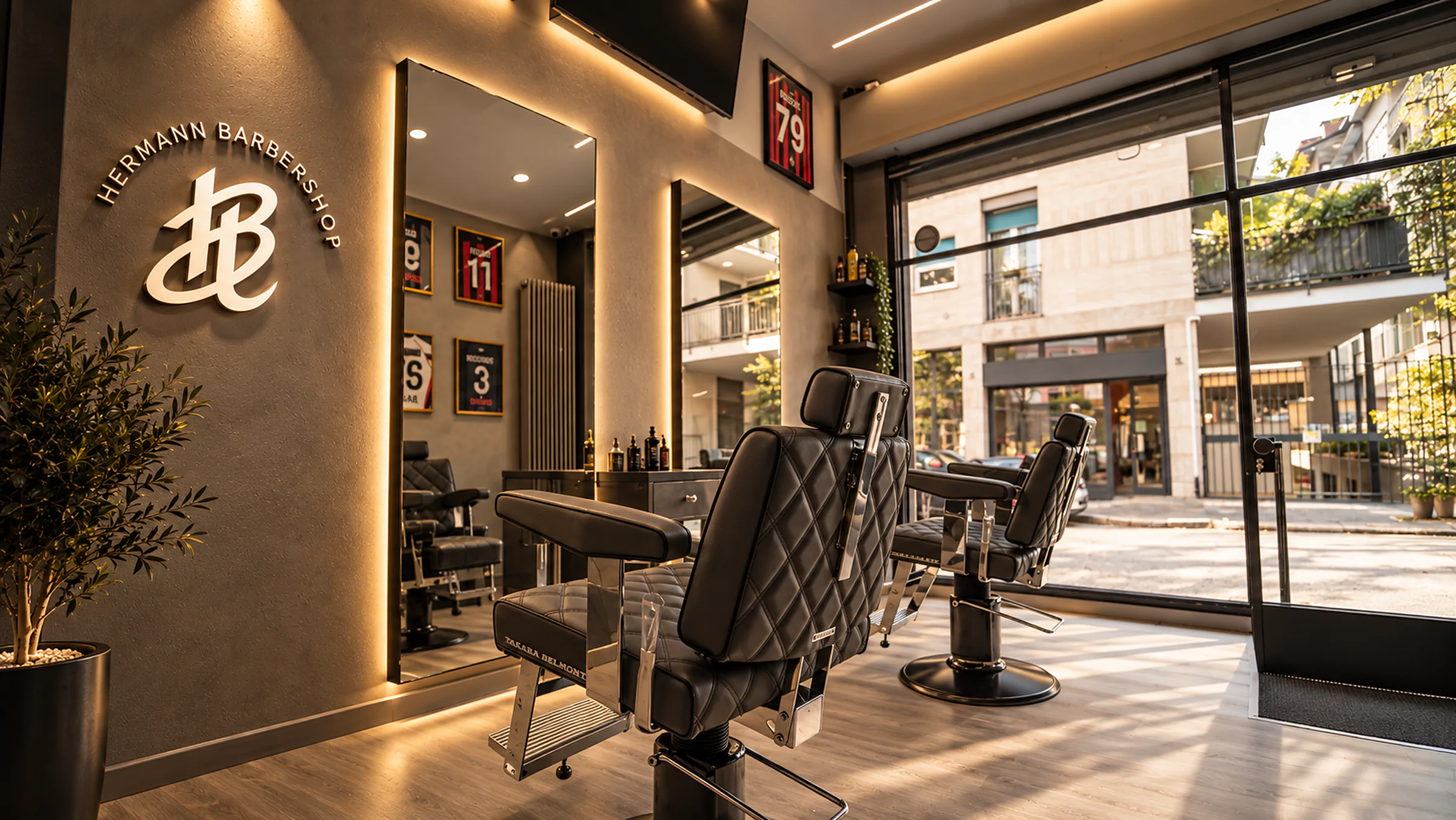 El local de Hermann Barbershop: el letrero HB, los sillones acolchados y el escaparate a la calle